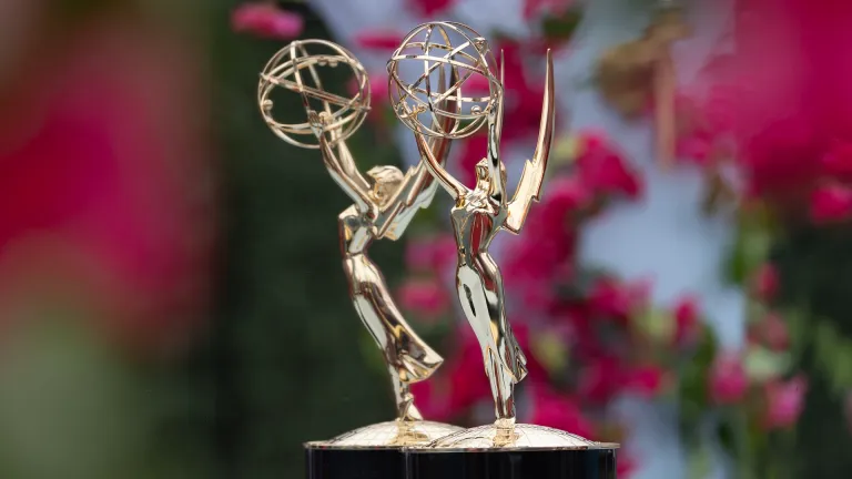 Emmy statues on display at the 77th Primetime Emmy Awards.
